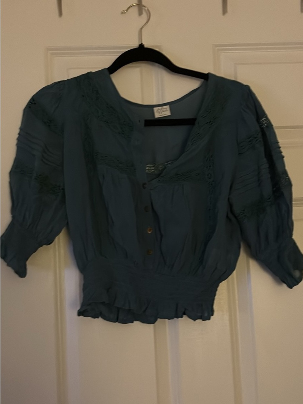 Patrons of Peace Teal Button-Front Puff Sleeve Blouse